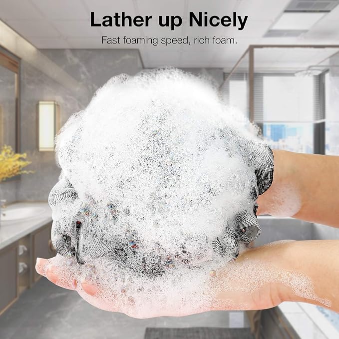 DadyMart Bath Shower Loofah Sponge 60g Bath Mesh Pouf Shower Ball Body Scrubber Exfoliating Bath Sponge for Women and Men, Set of 4, Black