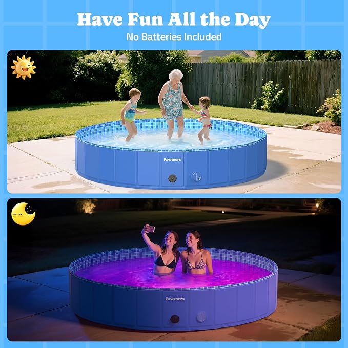 Foldable Dog Pool with RGB LED Light, 87" Collapsible Hard Plastic Kiddie Swimming Pool with Remote for Small Medium Large Doggie Kitty Puppy, Pet Bathing Tub Wading Pool for Dogs Blue