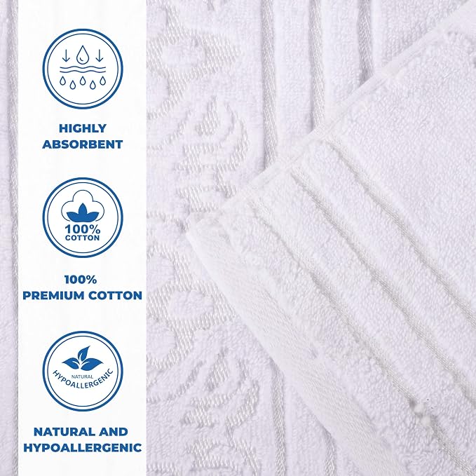 Superior Cotton Hand Towel Set, Small Towels, Plush Soft Absorbent Bathroom Basics, Home Essentials, Spa, Salon, Hotel, Kitchen, Luxury Quick Drying, Zero Twist Assorted Floral Set of 6, White