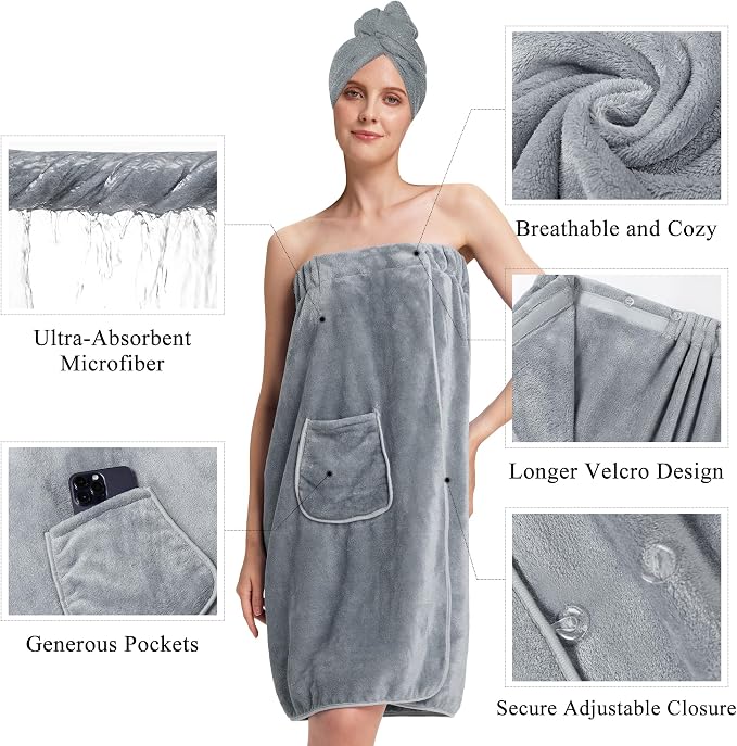 PJGGZ Towel Wrap for Women, Three Adjust Clasps Closure Bath Wraps After Shower Spa Sauna Bathrobe(Available in Plus Size)