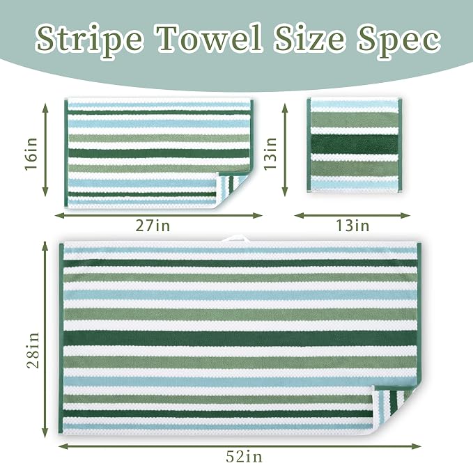 Waffle Hand Towels for Bathroom, Hand Towel Set of 4, 16"x27" - 100% Cotton | Quick Dry | Thick | Soft | Absorb | Lightweight, Striped Bathroom Hand Towels Decorative Set, Green Stripe + White Checker