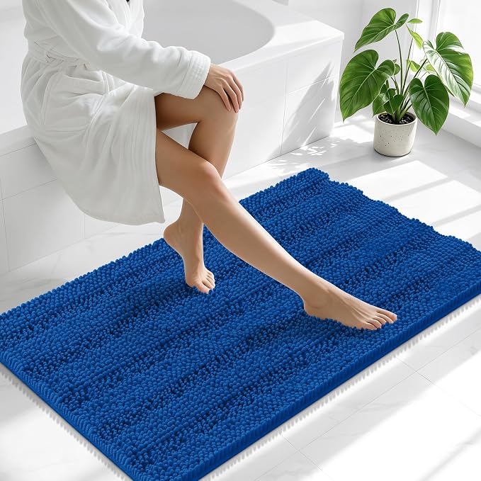 Smiry Thick Chenille Bathroom Runner Rugs 44x24, Extra Absorbent Striped Bath Mat, Machine Washable, Rubber Backing, Long Bath Rugs for Bathroom, Tub & Shower, Home Decor Accessories, Deep Navy Blue