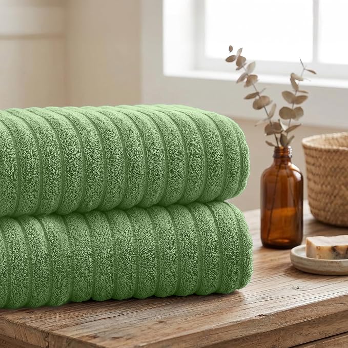 RIVERSIDE Pack of 2 Extra Large Bath Sheet Towels, 35 x 70 Inches, 600 GSM, Ribbed Stripe, 100% Cotton - Super Soft, Highly Absorbent & Quick Dry for Bathroom, Spa & Hotel, Sage Green