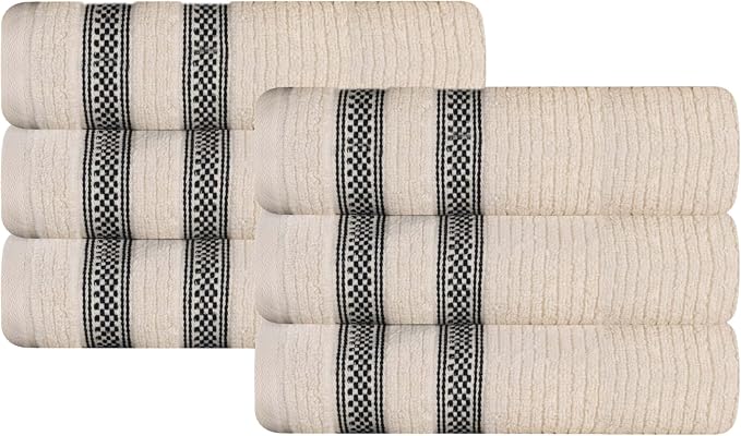 Superior Cotton Hand Towel Set, Zero Twist, Ribbed Geometric, Small Towels, Plush Soft Absorbent Bathroom Basics, Home Essentials, Spa, Salon, Hotel, Kitchen, Luxury Quick Drying, Set of 6, Ivory