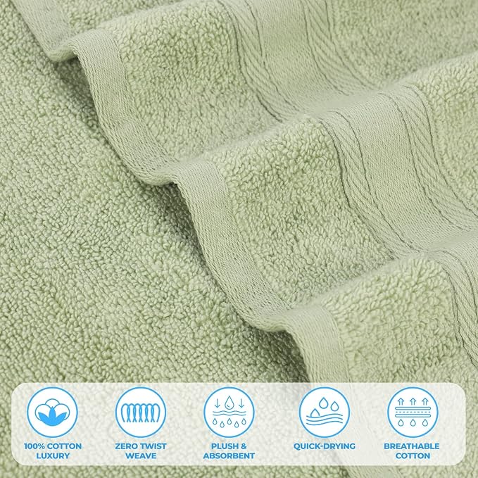 Superior Belmont Zero Twist Cotton Medium Weight Towels, for Guest Bath, Bathroom, Shower, Spa, Plush, Quick Dry, Ultra-Soft Towels, Bath Essentials, Thick Border, 6 Piece Assorted Towel Set, Green
