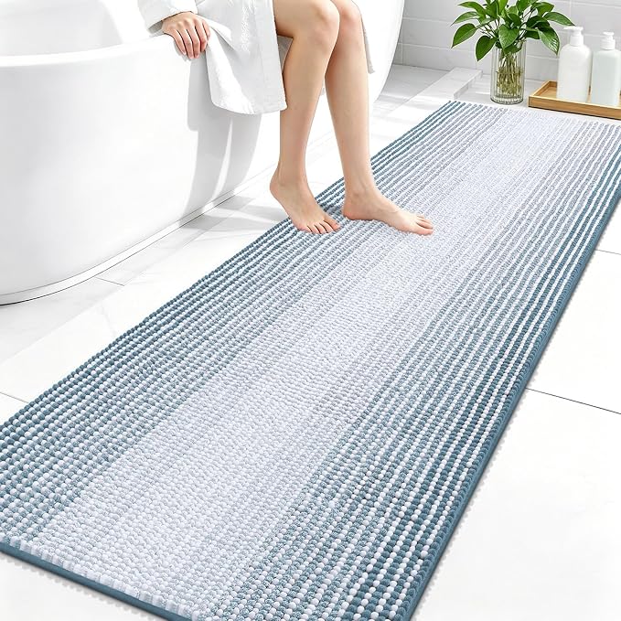 OLANLY Bathroom Runner Rugs 70x24, Extra Soft Absorbent Chenille Striped Bath Rugs, Rubber Backing, Machine Wash Dry, Long Bath Mats for Bathroom, Tub, Shower, Home Decor Accessories, Airy Blue