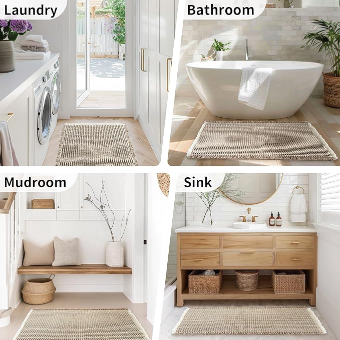 Waffle Bath Mat - Boho Bathroom Rugs Non Slip Washable, Super Absorbent & Quick Dry, Soft Bath Mat Farmhouse Bathroom Decor, 20'' x 48'', Khaki and White