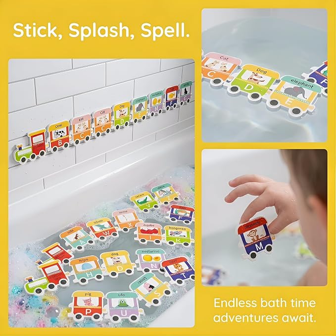 Baby Bath Toys for Toddlers 1-3, Mold Free Foam Bath Letters and Numbers, Alphabet Train Water Toys for Kids Ages 2-4, Bathtub Toy Organizer Storage Bag Included, Gifts for Boys Girls