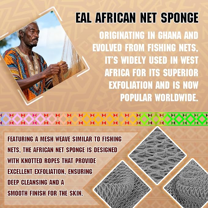 2-Pack African Net Sponge - Exfoliating Scrubber for Face & Body Shower, Travel-Ready, Durable, Gentle Exfoliation for Sensitive Skin(White,Grey)