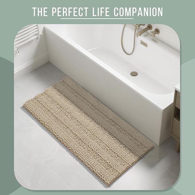 Yimobra Bathroom Rug Mat 44 x 24, Non Slip and Super Absorbent Bath Mat,Machine Washable Quick Dry,Ultra Plush Chenille Shower Rugs for Bathroom Floor Sink Tub and Shower Outside,Camel