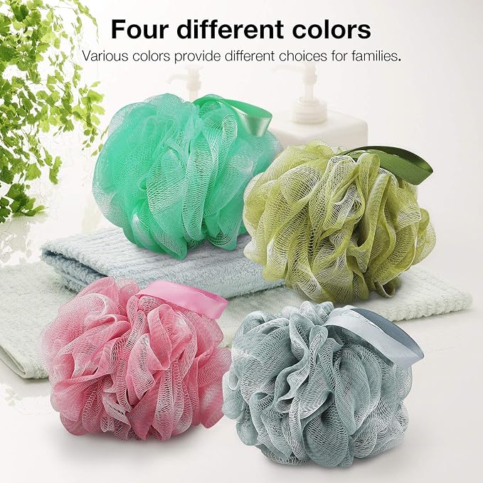 DadyMart Bath Shower Loofah Sponge 60g Bath Mesh Pouf Shower Ball Body Scrubber Exfoliating Bath Sponge for Women and Men, Set of 4, Black (Loofah-Medium, Army Green)