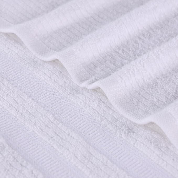 Superior Cotton Bath Towel Set, Zero Twist, Ribbed Geometric, Large Plush Absorbent Body Towels, Luxury Soft Quick Drying, Shower, Spa, Hotel, Pool, Guest Bathroom, Home Essentials, Set of 3, White