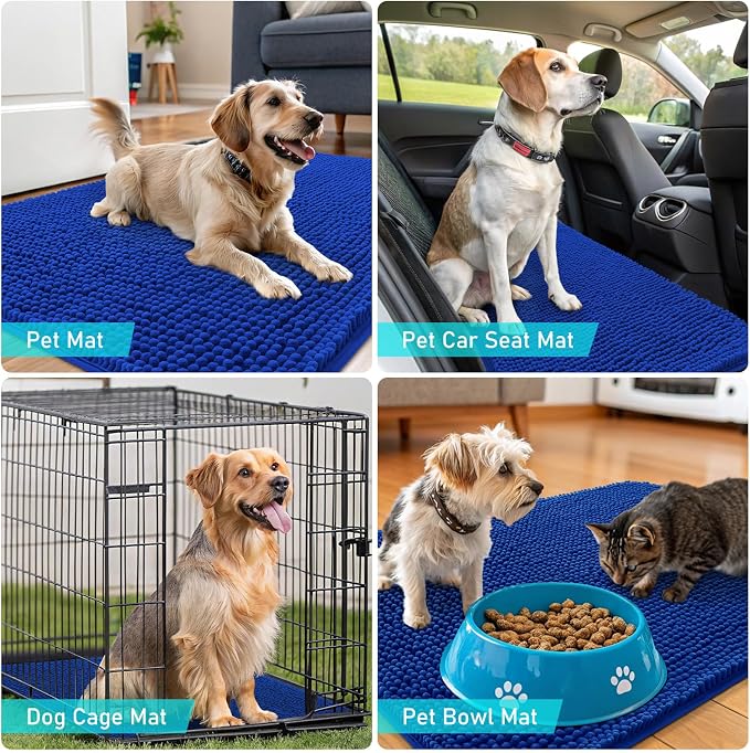 OLANLY Dog Door Mat for Muddy Paws 70x46, Absorbs Moisture and Dirt, Absorbent Non-Slip Washable Doormat, Quick Dry Chenille Mud Mat for Dogs, Entry Indoor Entryway Carpet for Inside Floor, Royal Blue