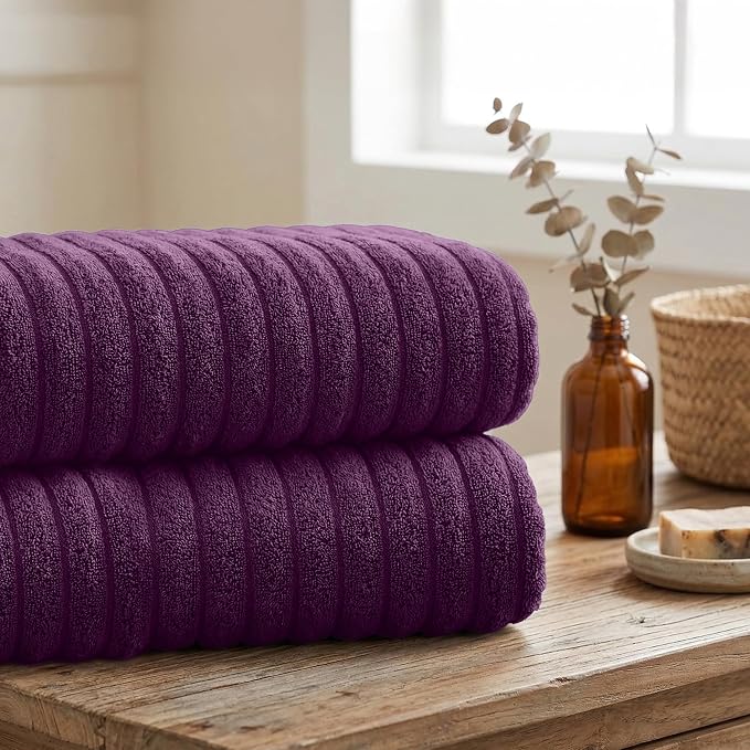 RIVERSIDE Pack of 2 Extra Large Bath Sheet Towels, 35 x 70 Inches, 600 GSM, Ribbed Stripe, 100% Cotton - Super Soft, Highly Absorbent & Quick Dry for Bathroom, Spa & Hotel, Purple Passion