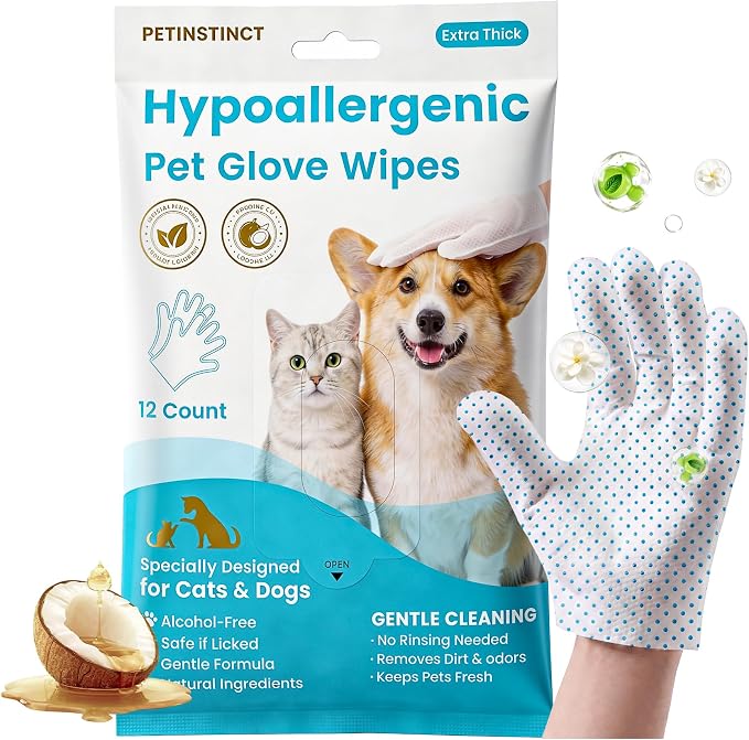 Pet Glove Wipes Pro for Dogs Cats, Massage Dot No-Rinse Grooming Gloves, Deep Cleaning and Deodorizing Dog Wipes for Paws, Ears & Eyes, Removes Loose Fur, Coconut Scent, 12 Count