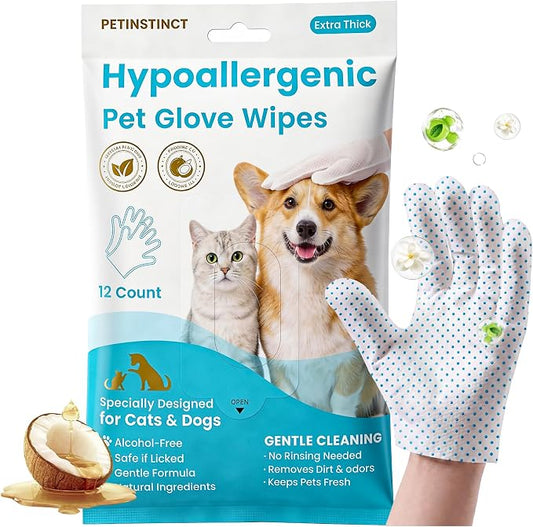 Pet Glove Wipes Pro for Dogs Cats, Massage Dot No-Rinse Grooming Gloves, Deep Cleaning and Deodorizing Dog Wipes for Paws, Ears & Eyes, Removes Loose Fur, Coconut Scent, 12 Count