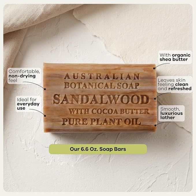 Australian Botanical Soap, Sandalwood and Cocoa Butter, 6.6 OZ, Triple Milled Bars Made with a Natural Soap Base and Enriched with Organic Shea Butter, Pack of 8