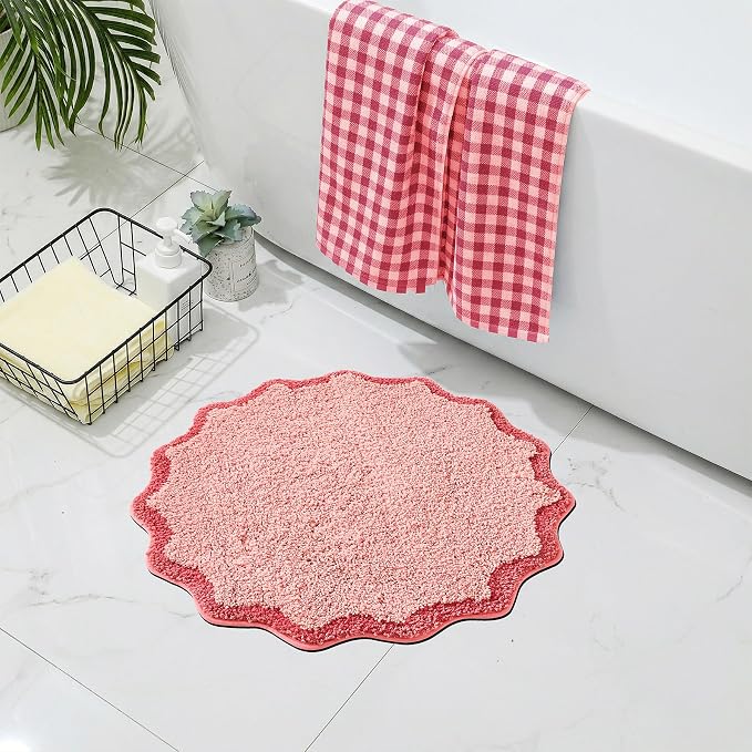 ORTIGIA Cute Pink Scalloped Bath Mat, Quick Dry Bath Rug Absorbent Soft Plush Microfiber Bathmat for Bathroom Floor Carpet for Sink Bedroom, 24x24