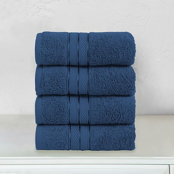 Elegant Comfort Three Line Popcorn Towel Set for Bathroom 16 x 28 inches, Premium Hotel Quality 4-Pack Hand Towels, 100% Turkish Cotton, Soft and Durable, Quick Dry and Highly Absorbent, Navy Blue
