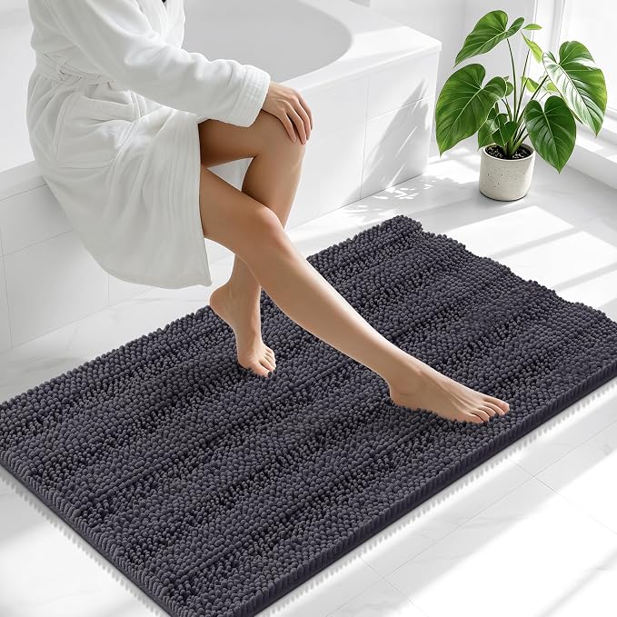 Smiry Thick Chenille Large Bathroom Rugs 45x27, Extra Soft Absorbent Striped Bath Mat, Machine Washable, Rubber Backing, Bath Rugs for Bathroom, Tub & Shower, Home Decor Accessories, Dark Grey