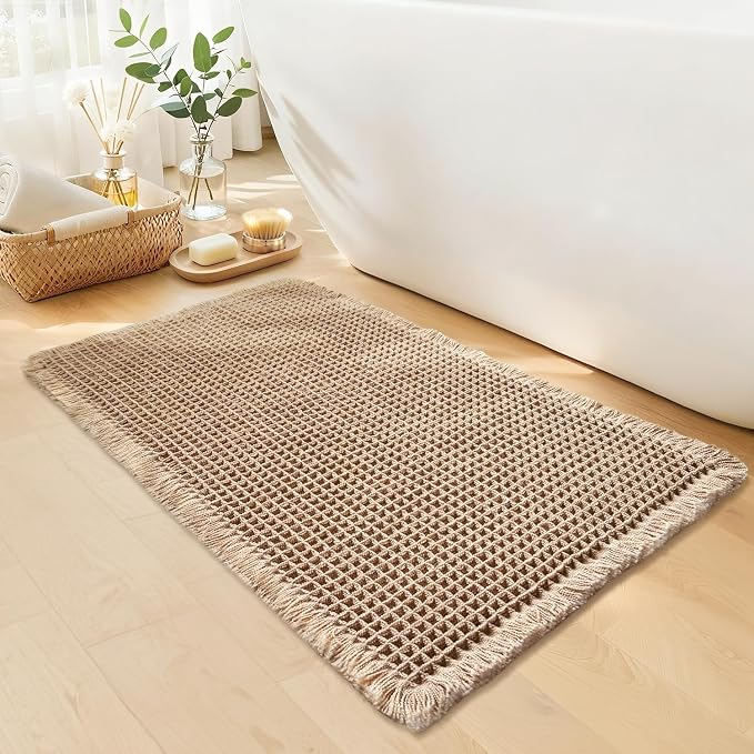 Waffle Bath Mat - Boho Bathroom Rugs Non Slip Washable, Super Absorbent & Quick Dry, Soft Bath Mat Farmhouse Bathroom Decor, 24'' x 36'', Khaki