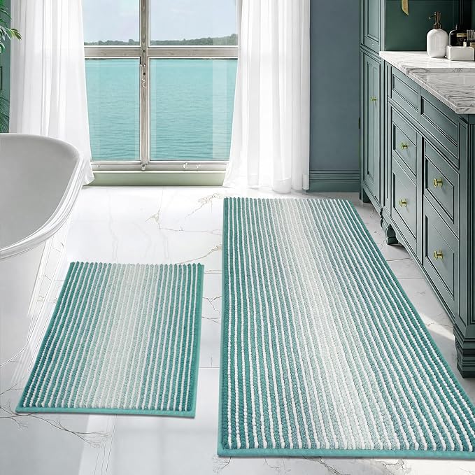 BSICPRO Bathroom Rugs and Mats Sets, 2 Piece Thick Absorbent Chenille Bath Mat Rug Set Non Slip, Soft Shaggy Bath Room Floor Mats for Bathroom, Machine Washable (Aqua Green, 20" x 47" Plus 20" x 32")