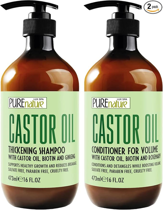 Castor Oil Shampoo and Conditioner Set - Sulfate Free - Volume Thickening Products for Fine, Thinning Hair - Anti Breakage and Volumizing, Thick Professional Salon Formula - 16 Fl Oz (Set of 2)