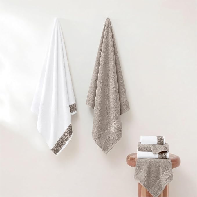 Modern Threads 600 GSM 6-Piece Towel Set with Filgree Jacquard Border Taupe