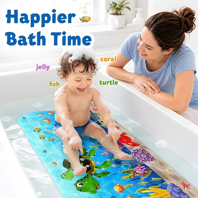 XIYUNTE Baby Bath Mat for Tub Non Slip, BPA Free Extra Long Bathtub Mat Non Slip 40x16 with Drain Holes and 200 Suction Cups, Non Toxic Machine Washable Bath tub mat, EU Certified, Sea Turtle