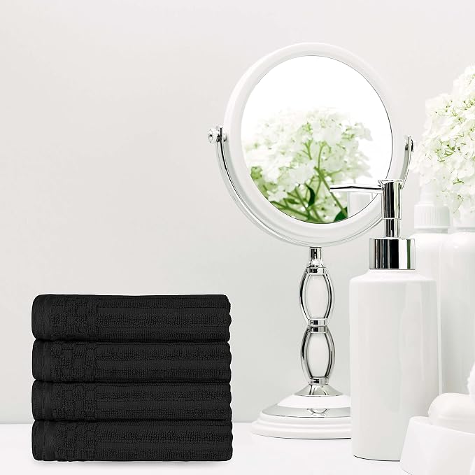 Superior Cotton 4-Piece Solid and Ribbed Hand Towel Set, Hand Towels- 16" x 28", Black