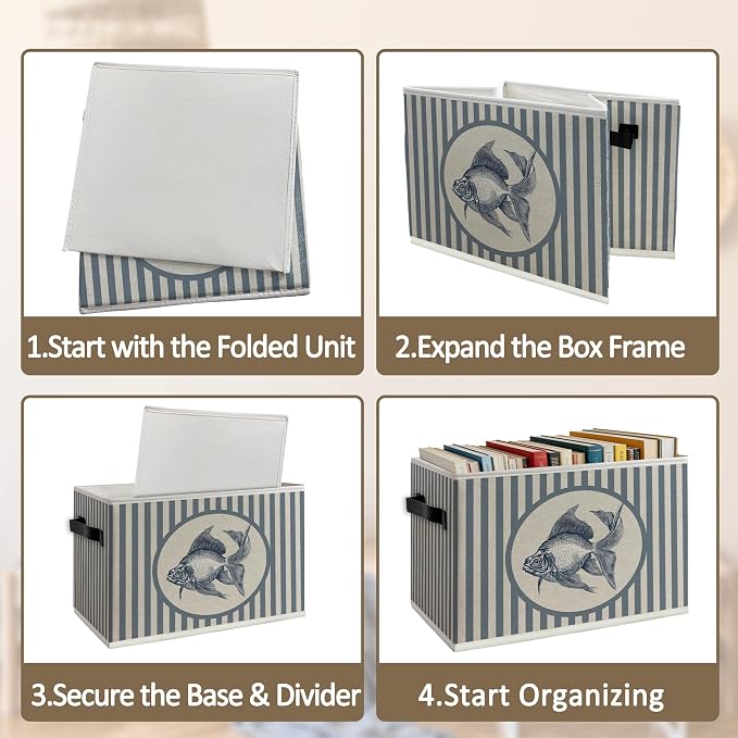 Blue Goldfish Foldable Storage Bins Box with Handles, Retro Farmhouse Blue Striped Goldfish Collapsible Organizer Basket for Bedroom Bathroom Clothes Books
