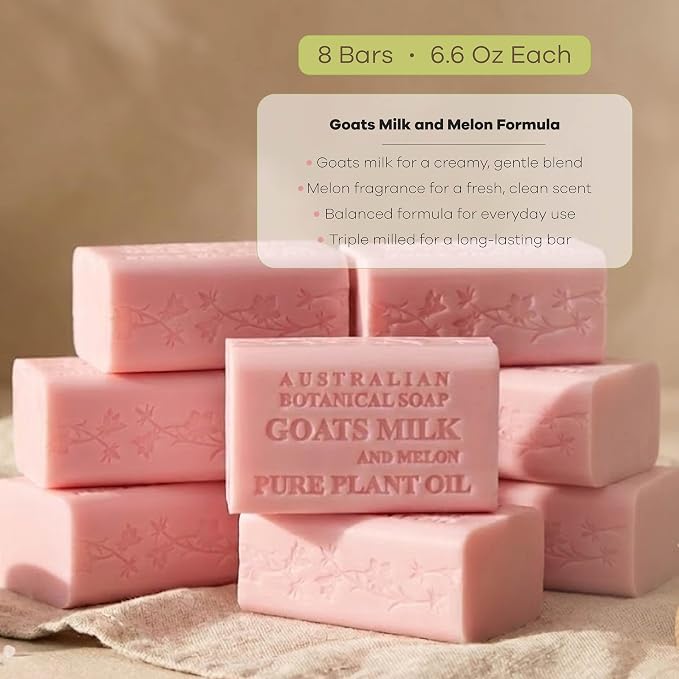 Australian Botanical Soap, Goat Milk Soap and Melon, 6.6 oz. Bars, Triple Milled Body Cleanser, Made in Australia with African Shea Butter and Native Goat Milk, All Skin Types, Pack of 8