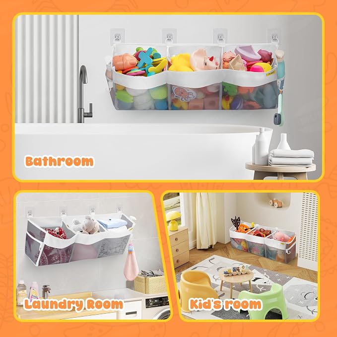 Bath Toy Organizer 3 Compartment Bath Toy Storage Bag Shower Caddy Quick Access Bathtub Toys Holder Baby Shower Games Tub Quick Dry Baby Bathroom Toys Storage Accessory Gray