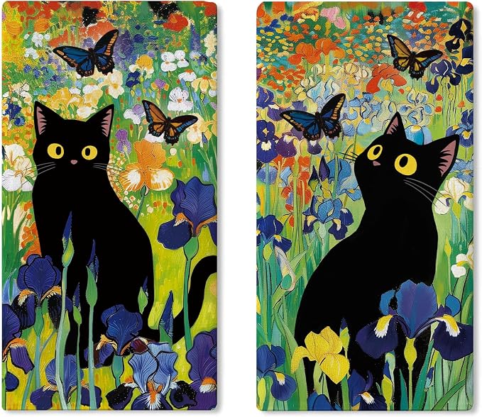 Spring Summer Black Cat Floral Kitchen Dish Towels Set of 2, Iris Flower Butterfly Drying Hand Towel Baking Cooking Cloth, Wildflower Bathroom Home Decoration Pet Cat Owner Lover Gift 18''x26''