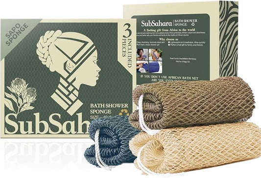 SubSahara Authentic African Net Sponge - 3 Pack Exfoliating Bath & Shower Loofah Sponge for Body & Face, Gentle Scrubber for All Skin Types, Travel, Durable