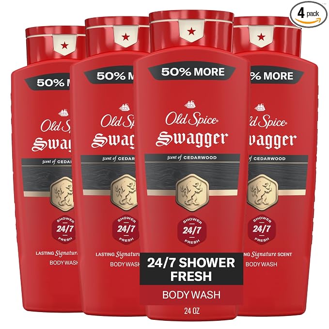 Old Spice Refreshing Body Wash for Men, 3X Defense, 24/7 Shower Fresh with Long Lasting Scent, Red Collection, Swagger with Cedarwood Scent, 24 oz (Pack of 4)