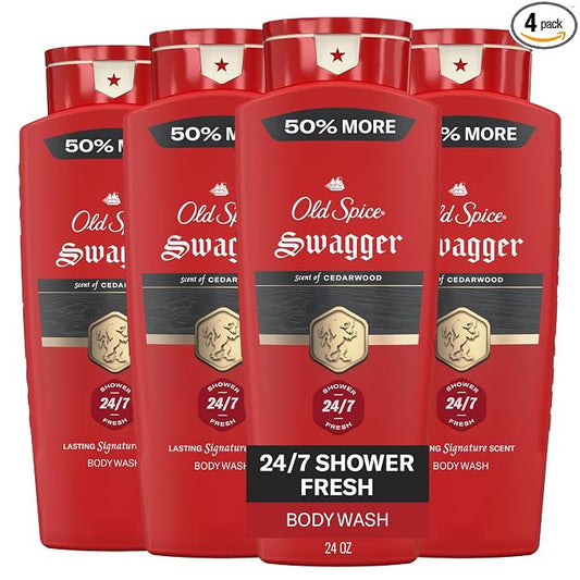Old Spice Refreshing Body Wash for Men, 3X Defense, 24/7 Shower Fresh with Long Lasting Scent, Red Collection, Swagger with Cedarwood Scent, 24 oz (Pack of 4)