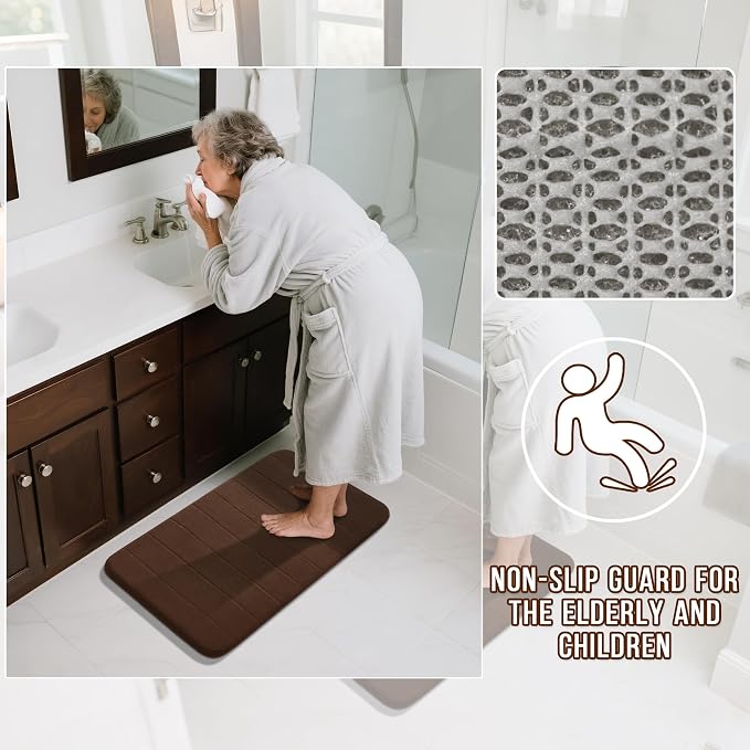 Yimobra Large Bath Mat Set 2 Piece- Super Soft Absorbent Quick Dry Memory Foam Bathroom Rugs, Machine Washable Non Slip Floor Carpet for Tub Shower & Double Vanity (17x24 & 44x24, Brown)