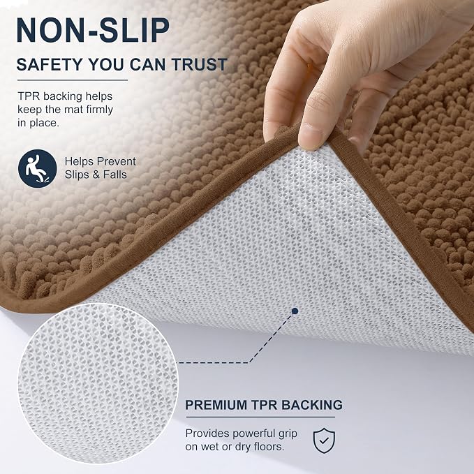 Smiry Thick Small Chenille Bathroom Rugs 24x16, Extra Soft Absorbent Striped Bath Mat, Machine Washable, Rubber Backing, Bath Rugs for Bathroom, Tub & Shower, Modern Home Decor Accessories, Mocha