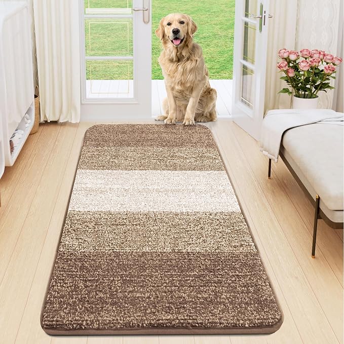 Smiry Dog Door Mat for Muddy Paws, Absorbs Moisture and Dirt, Low-Profile Entryway Mat with Non-Slip Backing, Entry Indoor Outdoor Doormat for Inside Floor (47x20 Inches, Khaki, Striped)