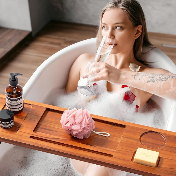 Teak Bathtub Tray for Freestanding Bath, 39" Extra Thick Adjustable Spa Caddy - Non-Slip Anti-Tip Wood Organizer for iPad, Wine & Book - Artisan Natural Finish, Perfect Self-Care Gift