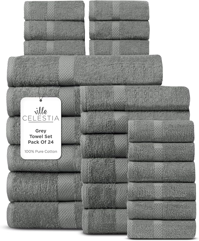 24-Piece 100% Cotton Towel Set, 6 Bath Towels, 6 Hand Towels, 12 Wash Cloth, Quick-Dry, Grey