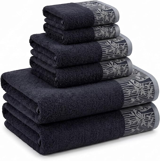 Superior Floral Jaquard Cotton Bathroom Towels, 6pc Towel Set, Black | Soft Absorbent Quick Dry Terry Weave, Hotel Quality, Wisteria Towels Includes 2 Bath Towels, 2 Hand Towels, 2 Washcloths