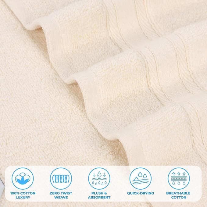 Superior Belmont Zero Twist Cotton Medium Weight Small Towels, for Kitchen, Bathroom, Shower, Spa, Plush, Quick Dry, Ultra-Soft Essentials, Thick Border, Face Towels Washcloths, Set of 12, Ivory