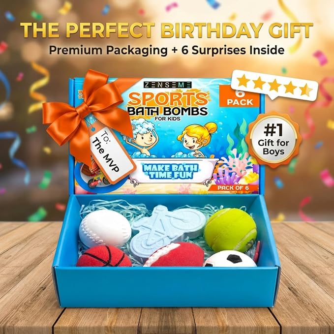 Bath Bombs For Boys W/Educational Flash Cards - Bathbombs with Toys Inside - 2.5 oz Gift Set of 6 Scented Organic Handmade with Natural Essential Oils - Sports Surprise Inside - Bath Toys - by Zenseme