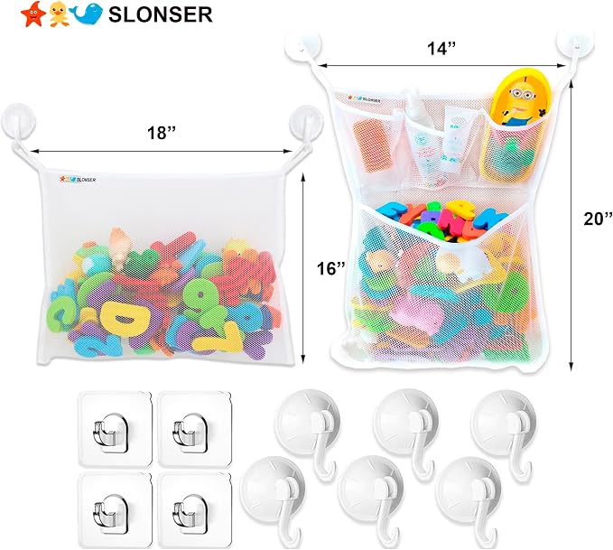 Bath Toy Storage Organizer for Bathtub – Large Mesh Bath Toy Holder & Bath Toy Net, Quick-Dry Hanging Bathroom Bag with 6 Strong Suction Cups, 4 Adhesive Hooks, Toy Holder for Tub & Shower, 2 Pack