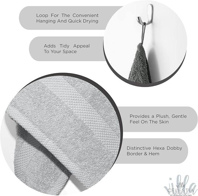 10-Piece 100% Cotton Towel Set, 2 Bath Towels, 4 Hand Towels, 4 Wash Cloth, Quick-Dry, Silver