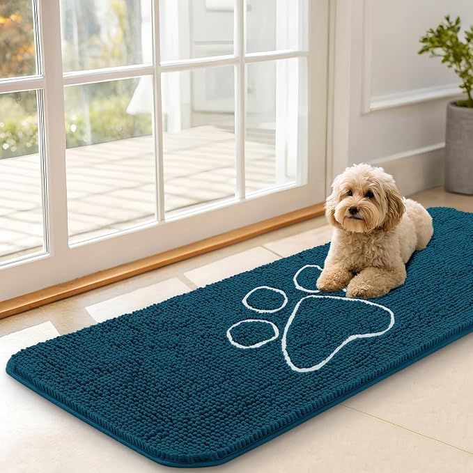 OLANLY Dog Door Mat for Muddy Paws 47x17, Paw Print Design, Absorbs Moisture and Dirt, Absorbent Non-Slip Washable Doormat, Quick Dry Chenille Mud Mat, Entry Indoor Entryway Carpet, Atlantic Blue