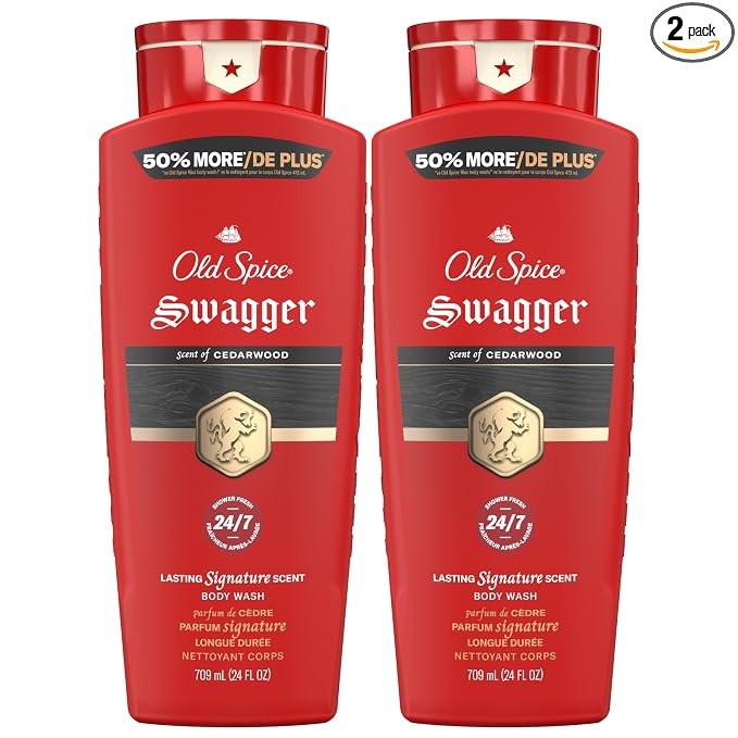 Old Spice Refreshing Body Wash for Men, 3X Defense, 24/7 Shower Fresh with Long Lasting Scent, Red Collection, Swagger with Cedarwood Scent, 24 oz (Pack of 2)