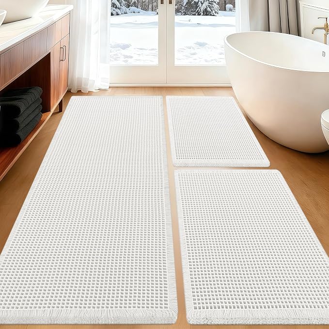 Upgraded Waffle Bath Mat Set 3 Piece White, Super Absorbent Non-Slip Quick Dry Bathroom Rugs with Tassels, Machine Washable Ultra Soft Boho Bath Rugs for Floor, Toilet Mats Boho Farmhouse Decor